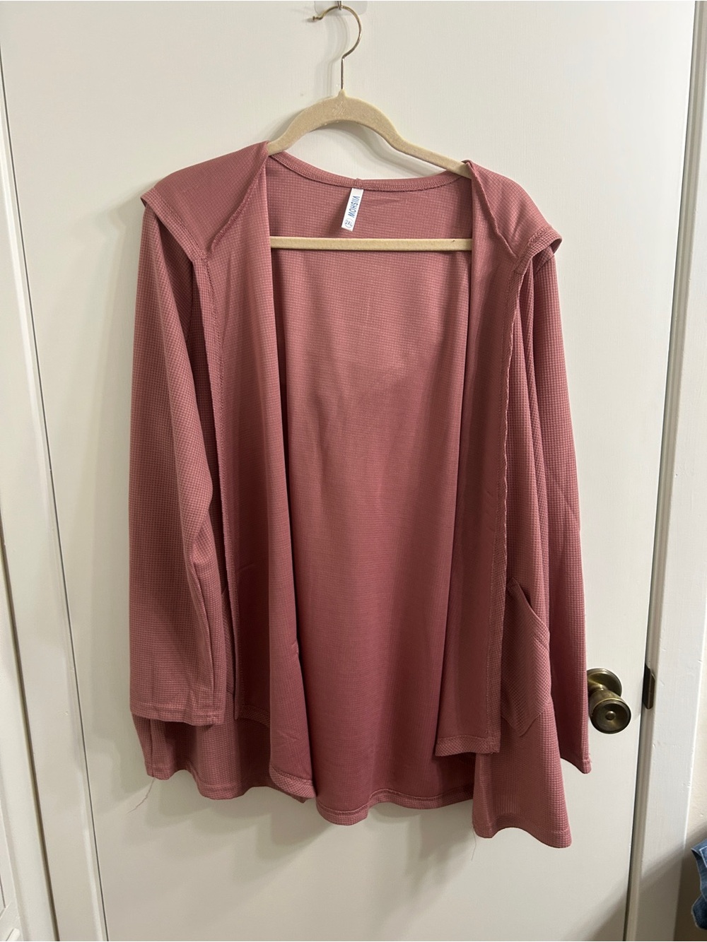 Open-Front Waffle Knit Hooded Cardigan in Dusty Rose